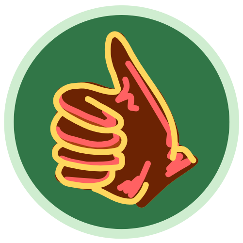 A brown thumbs up with a yellow outline sits on top of a dark green circle. The image has light line art